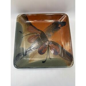Studio Pottery Signed Artisan Square Plate Abstract Earth Tone Glaze 8 Inch
